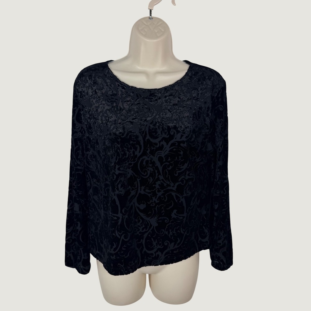Talbots Petites PM Black Velvet Burnout Damask Scroll Long Sleeve Top Whimsigoth